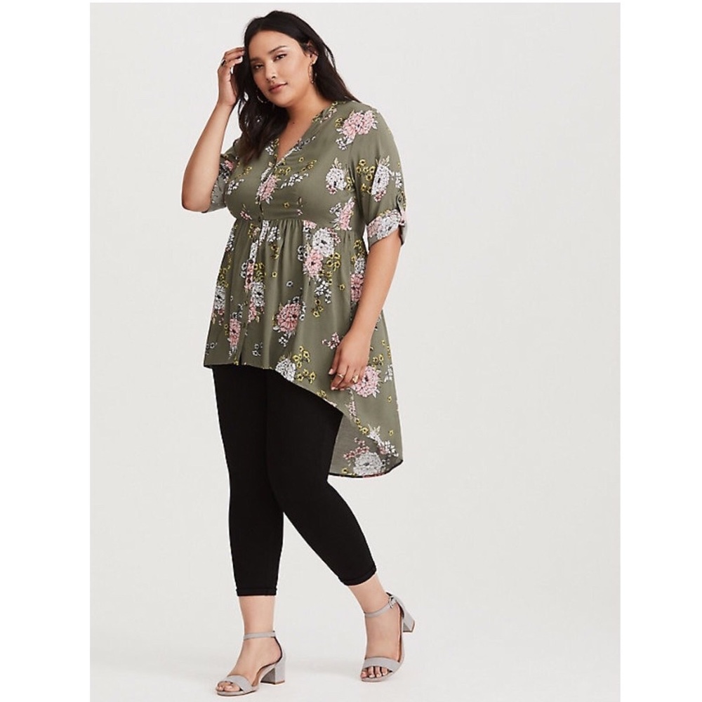 Plus Size Torrid 3X Olive Floral Babydoll Tunic - Picture 2 of 8